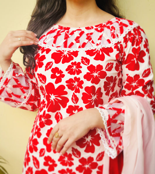 Red Floral Cotton Suit Set