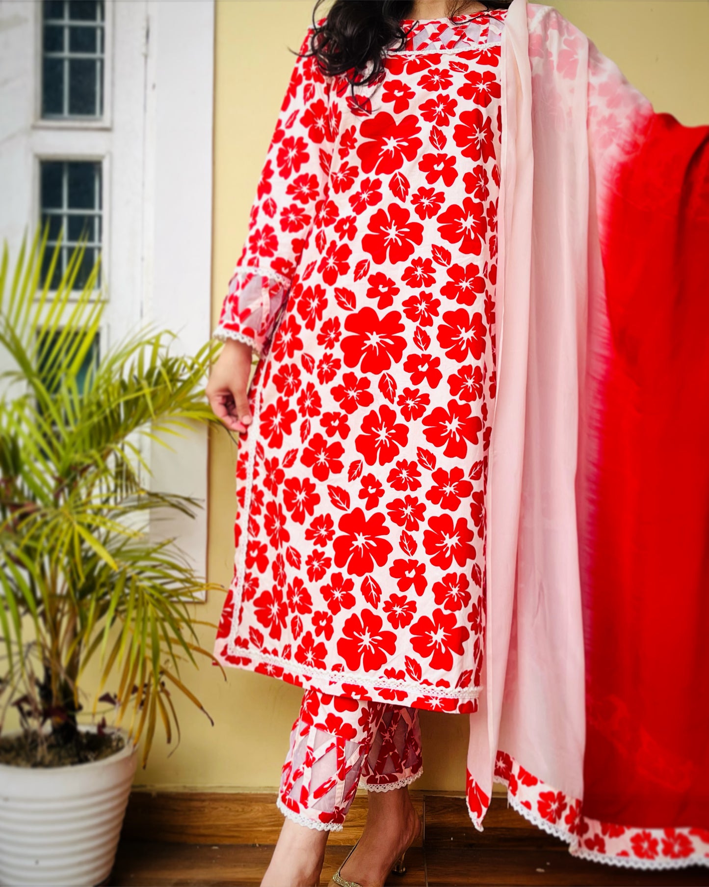 Red Floral Cotton Suit Set