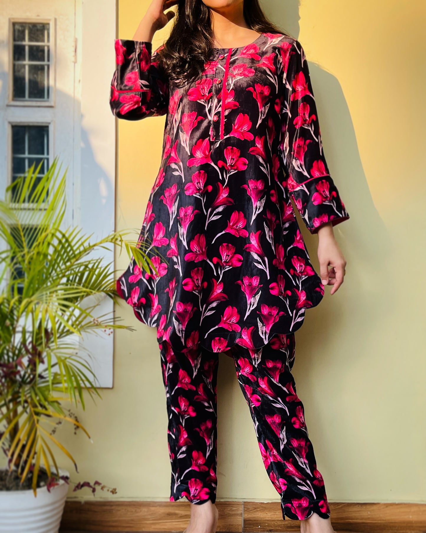 Black Pink Floral Velvet Coord Set