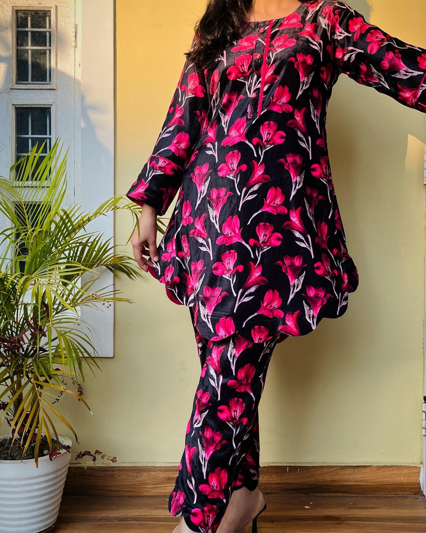 Black Pink Floral Velvet Coord Set