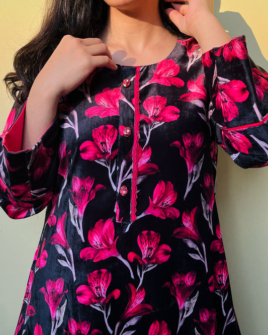 Black Pink Floral Velvet Coord Set