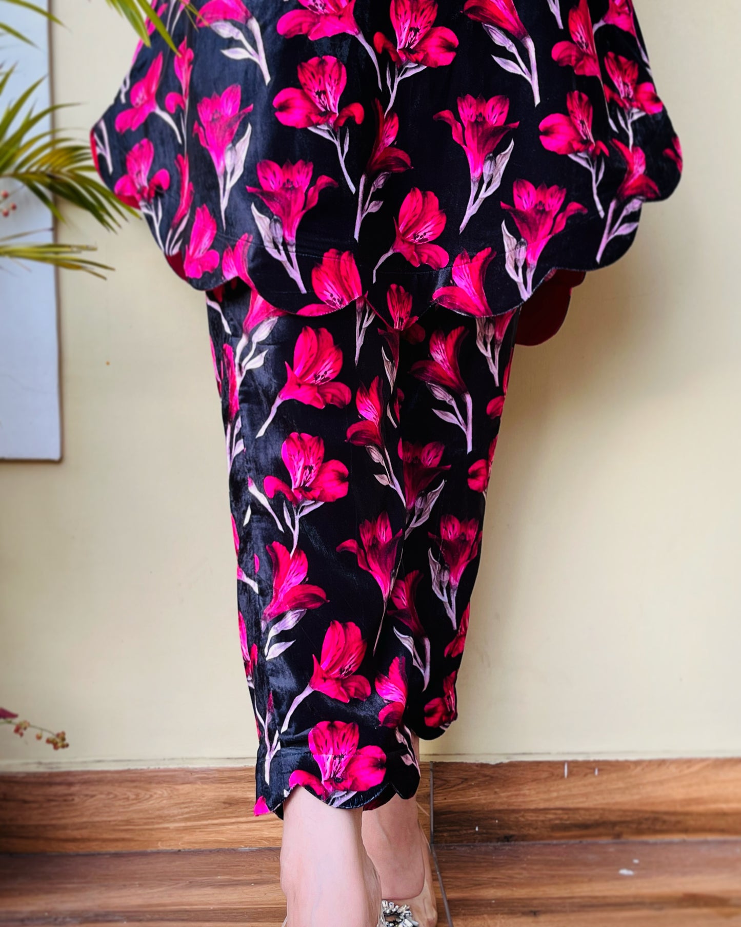 Black Pink Floral Velvet Coord Set