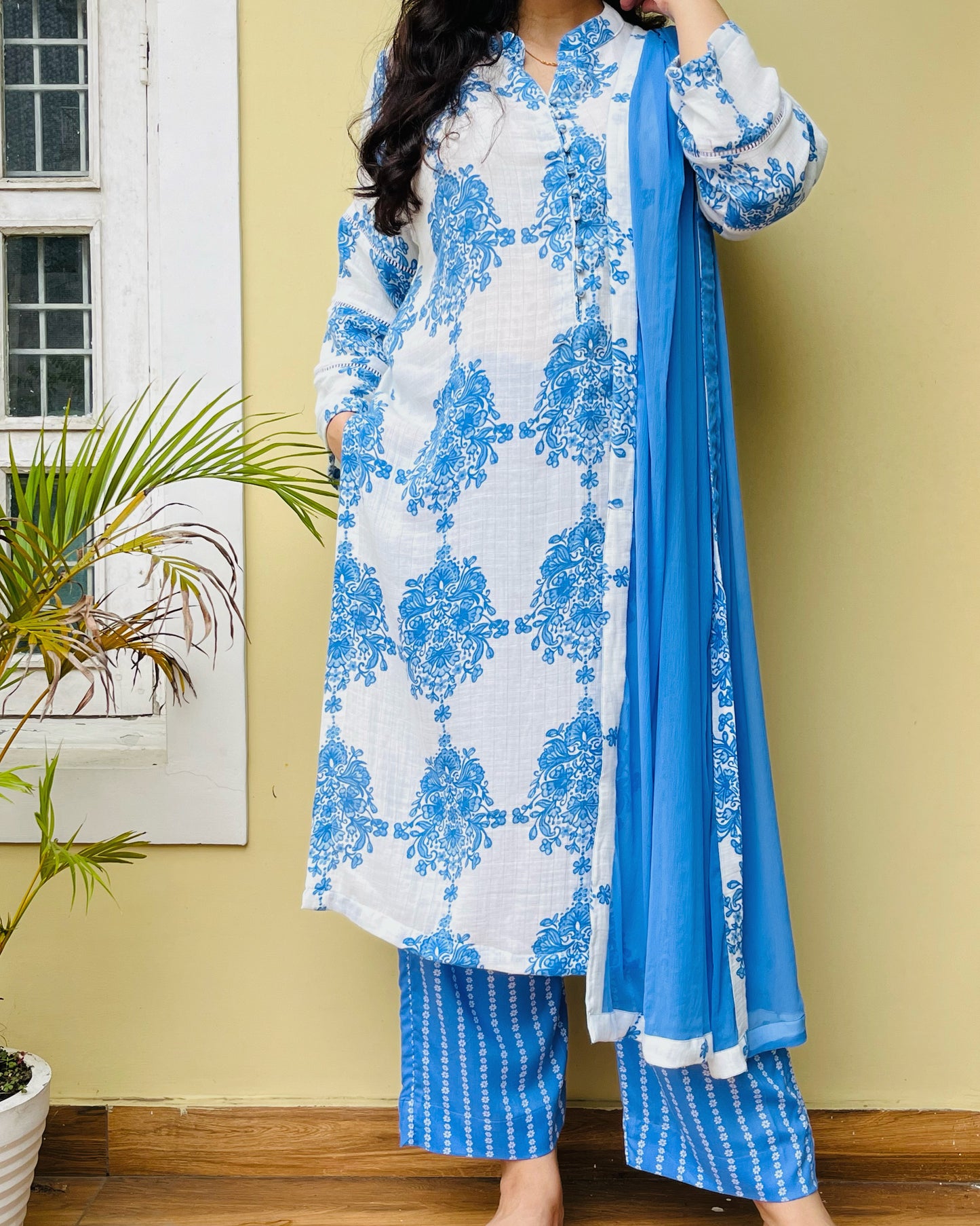Blue White Double Cotton Suit Set