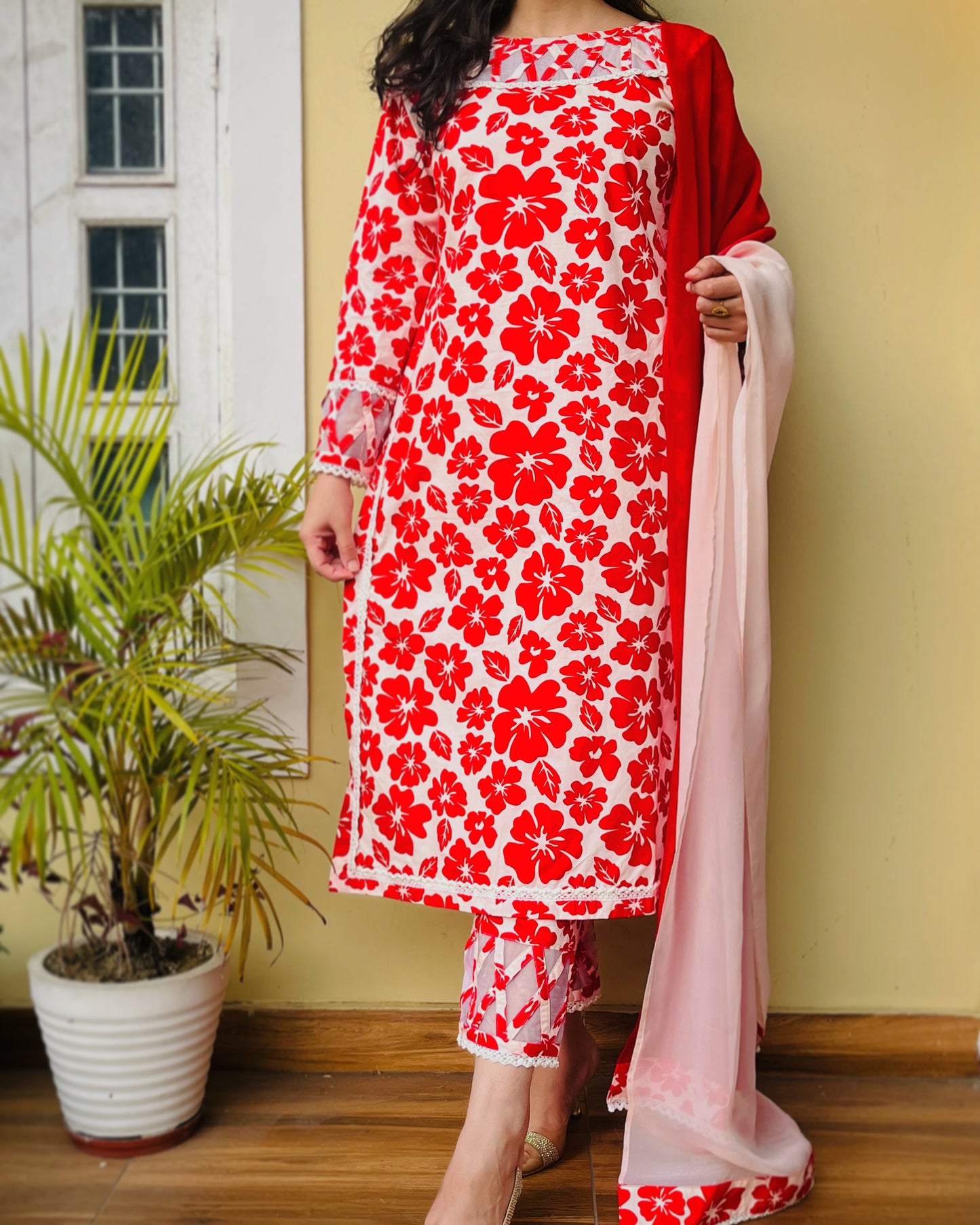 Red Floral Cotton Suit Set