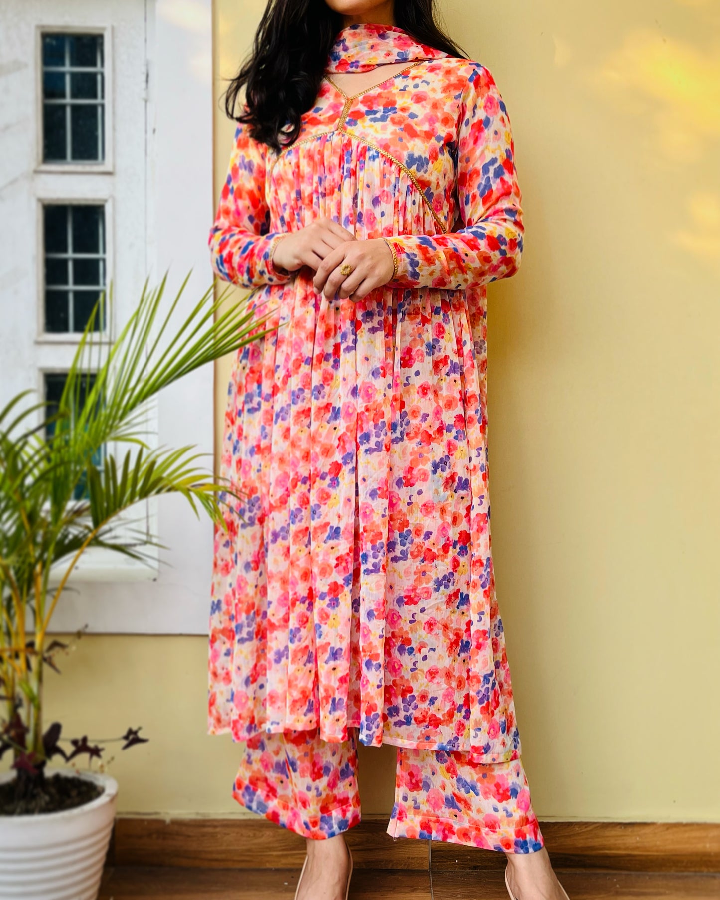 Floral Chiffon Alia Cut Suit Set