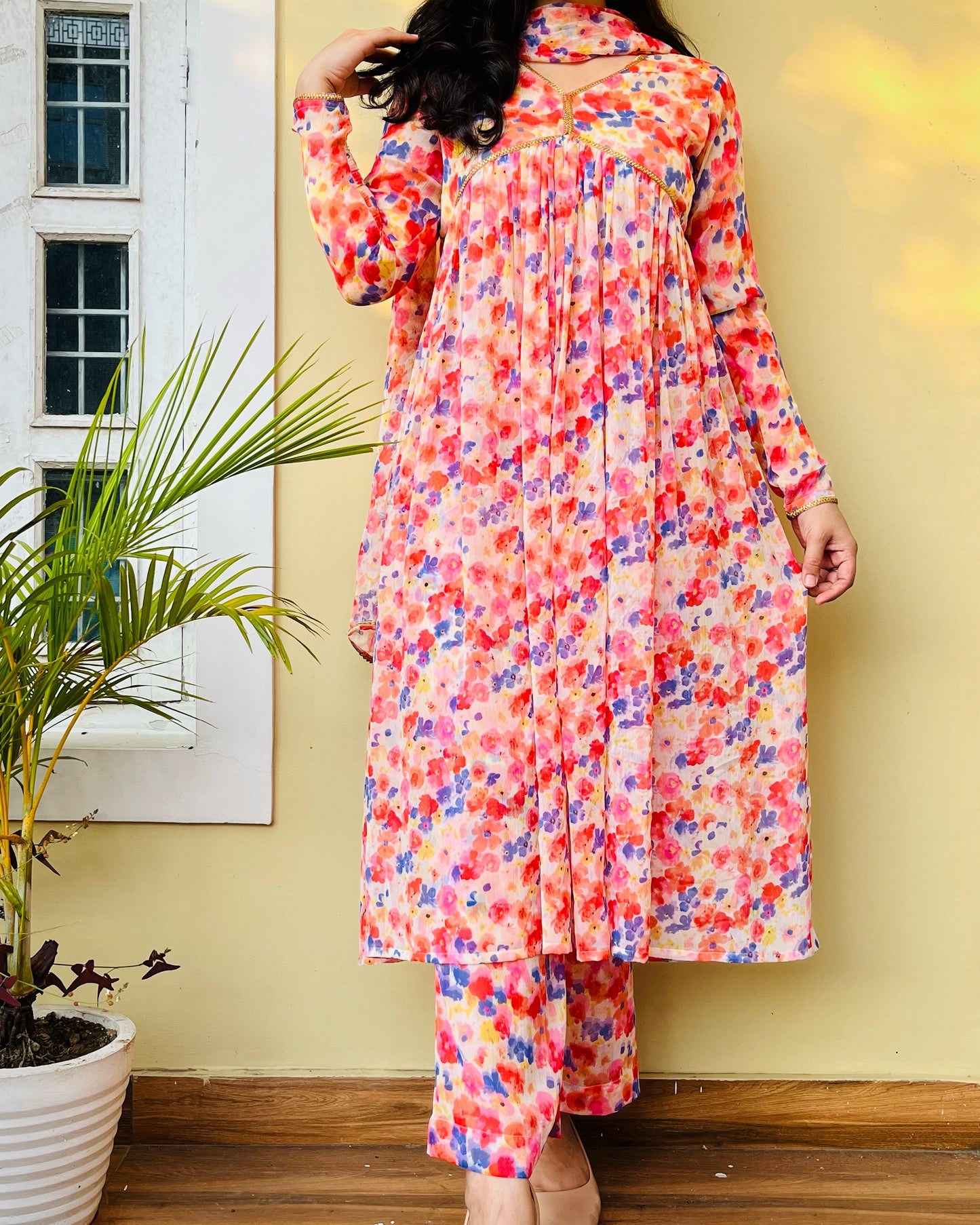 Floral Chiffon Alia Cut Suit Set