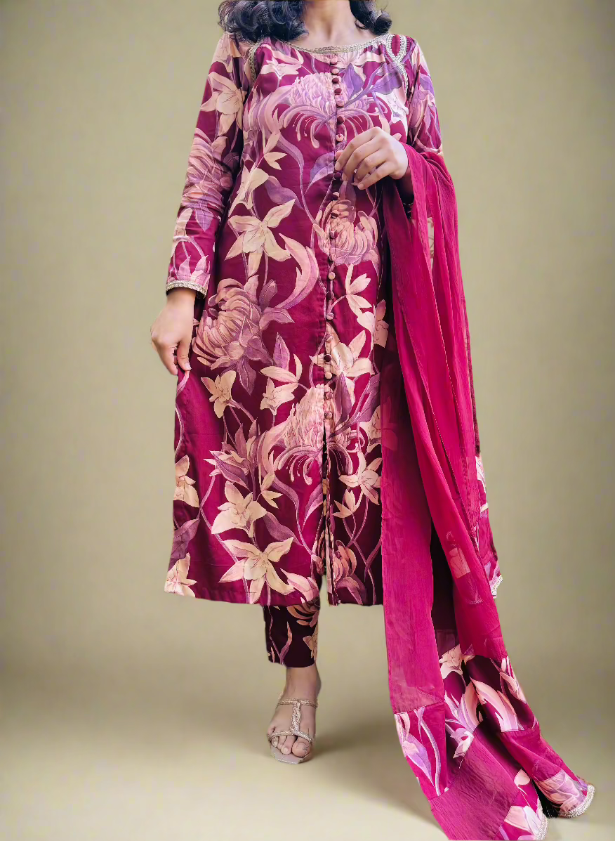 Red & Off White Floral Suit Set