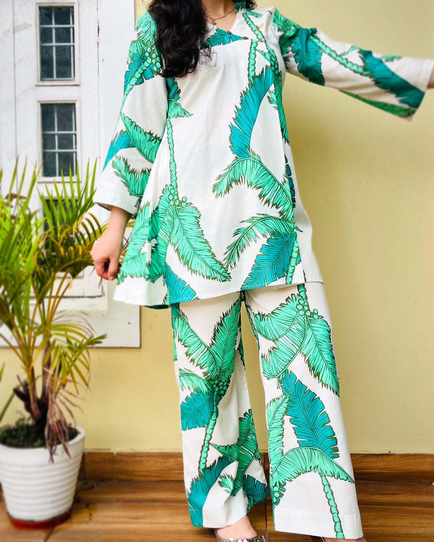 Green-Off White Tropical Coord Set