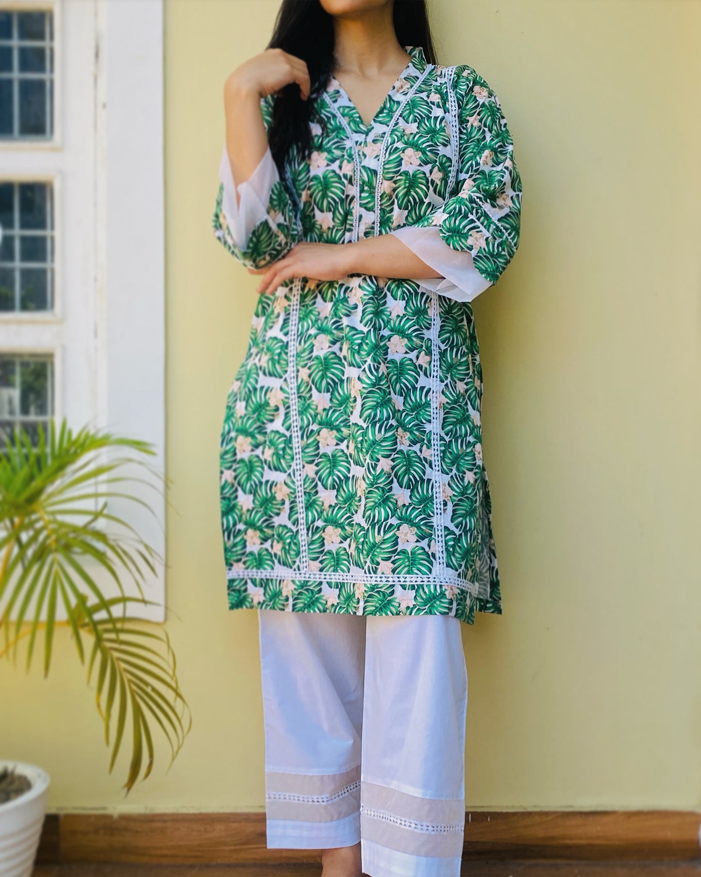Green Tropical Kurta with Pants