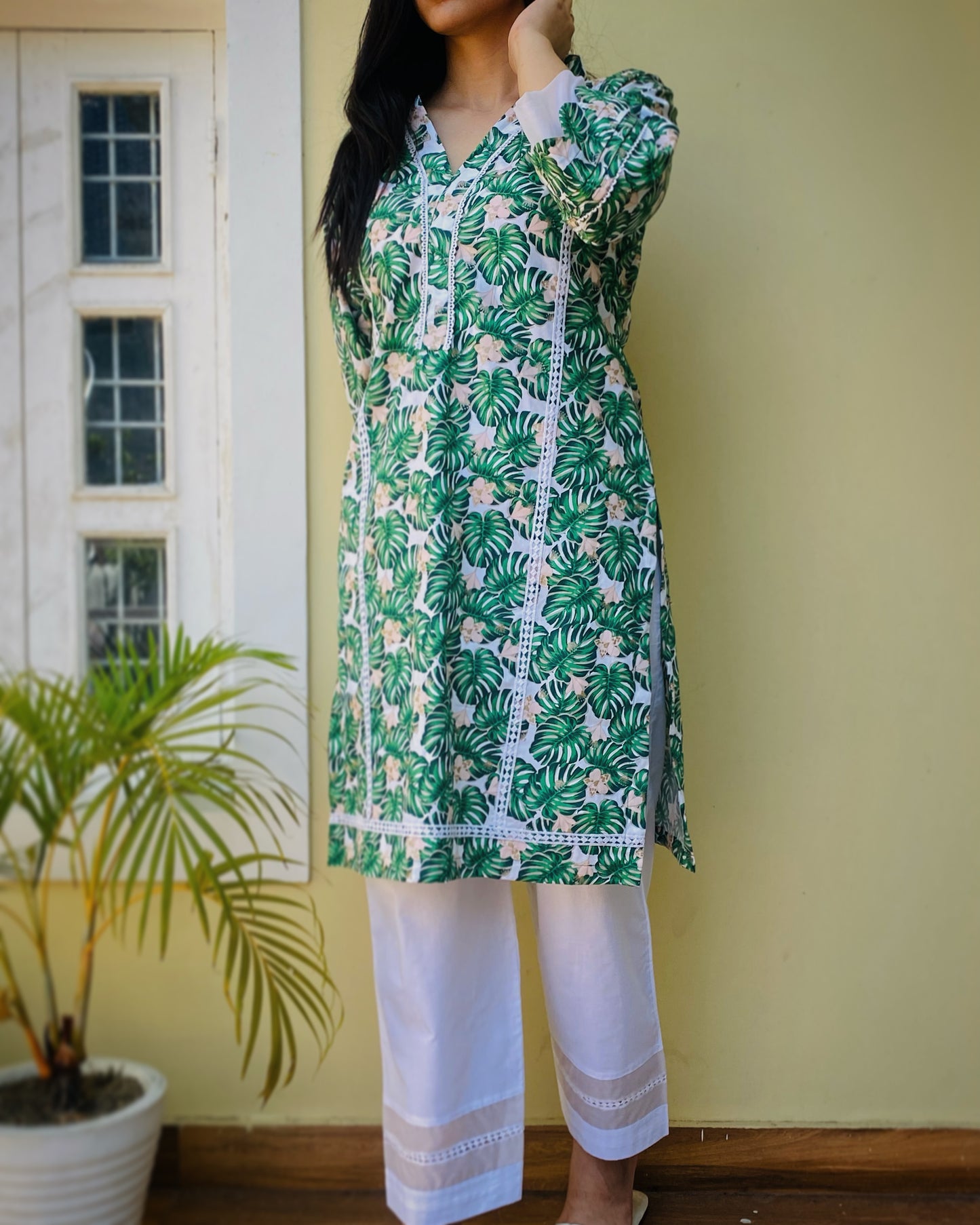 Green Tropical Kurta with Pants