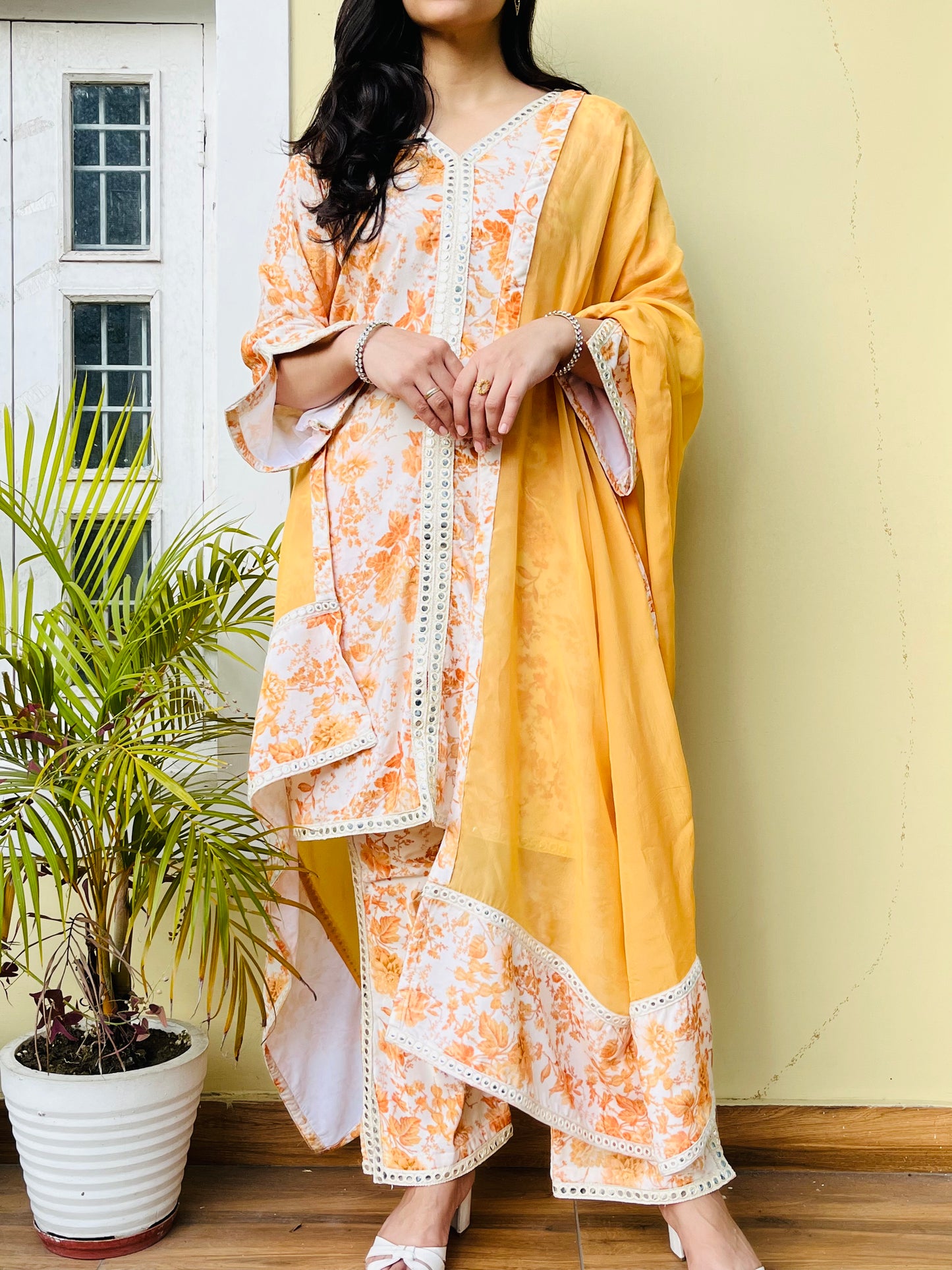 Yellow Floral Velvet Suit Set