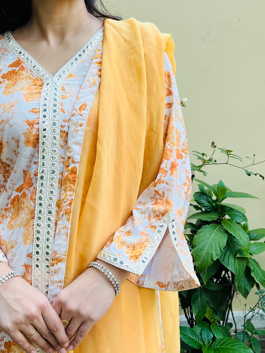 Yellow Floral Velvet Suit Set