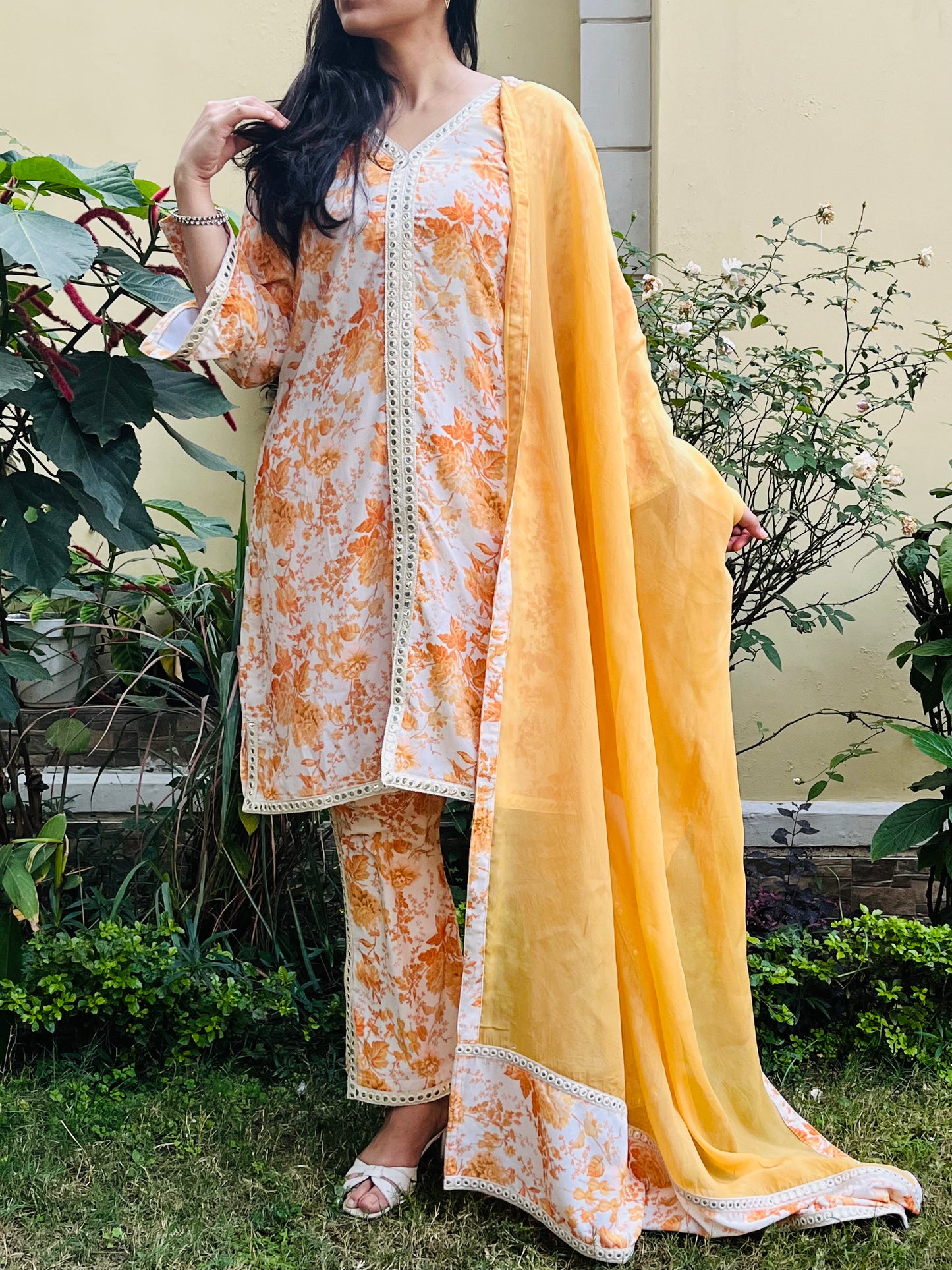 Yellow Floral Velvet Suit Set