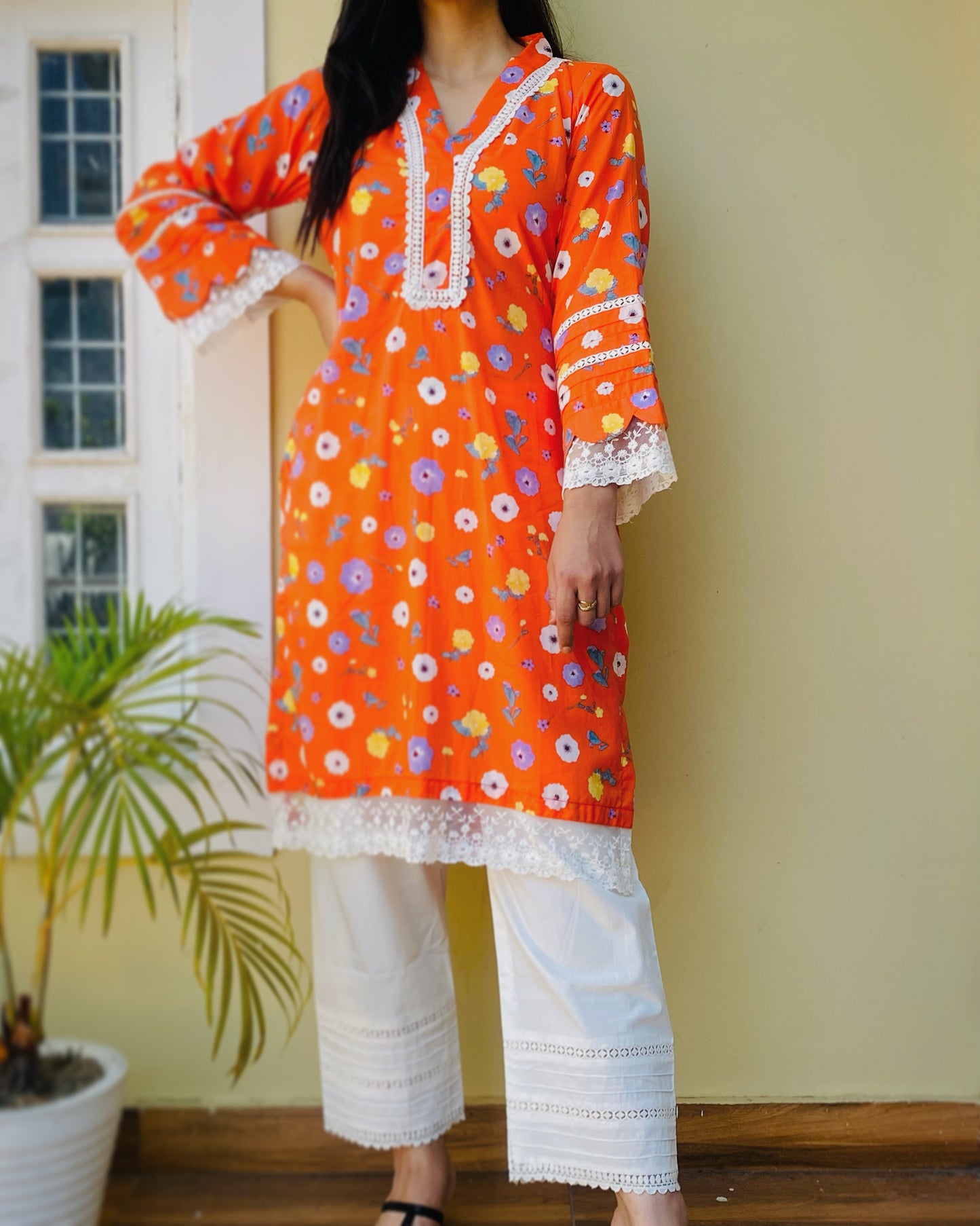 Orange Floral Kurta with Pants