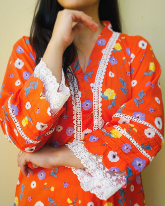 Orange Floral Kurta with Pants