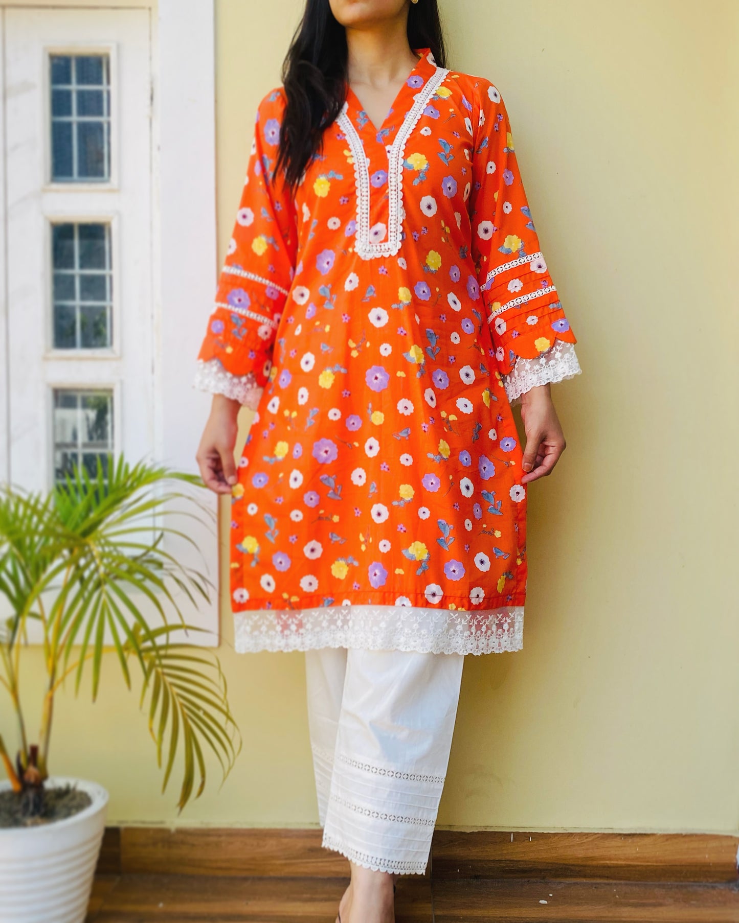 Orange Floral Kurta with Pants