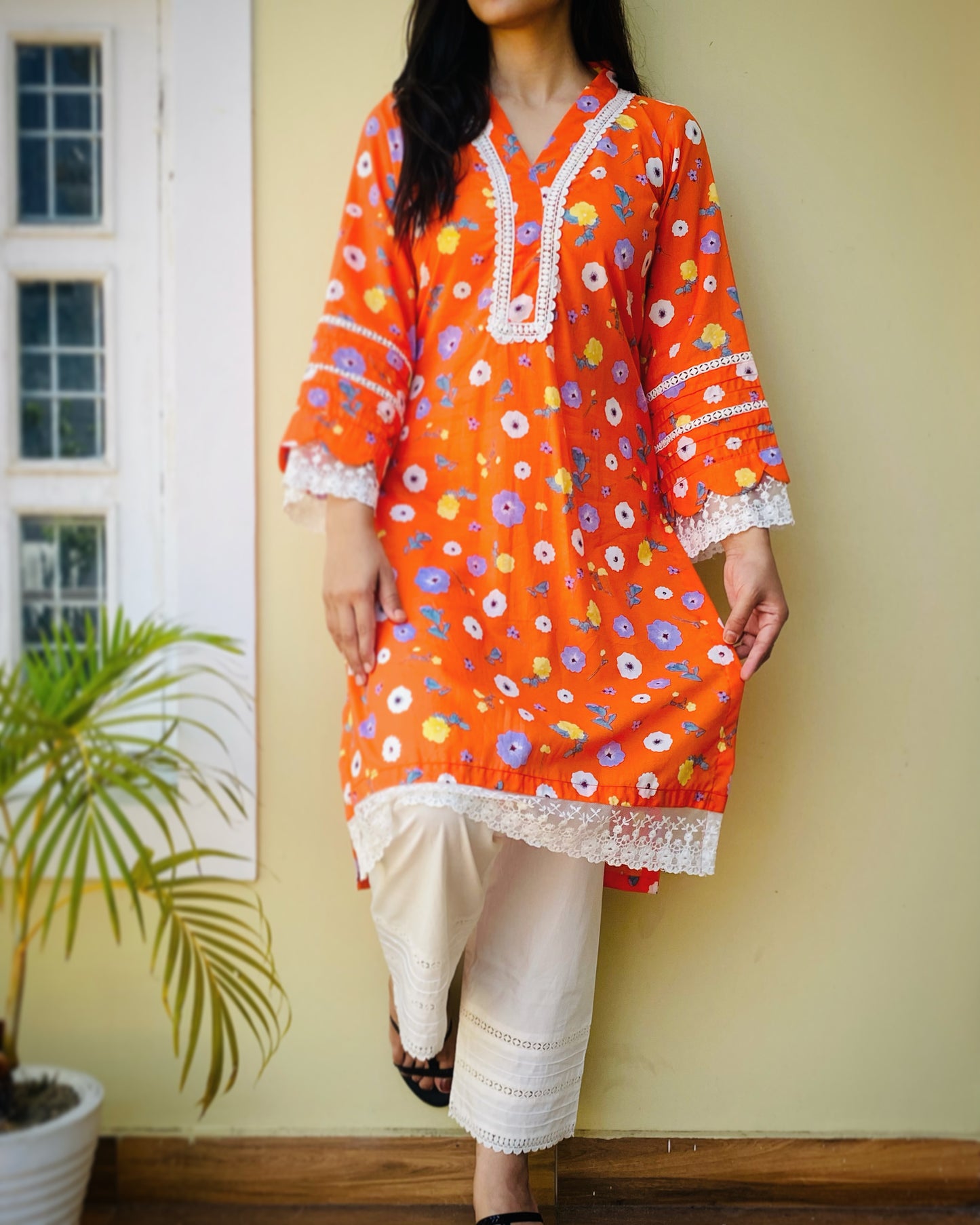Orange Floral Kurta with Pants