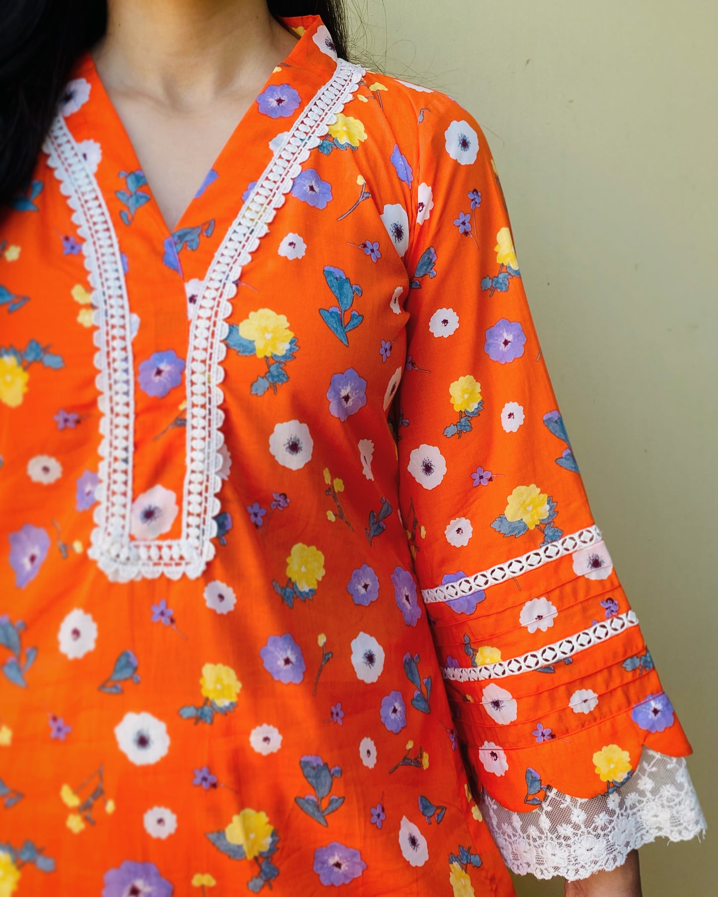 Orange Floral Kurta with Pants
