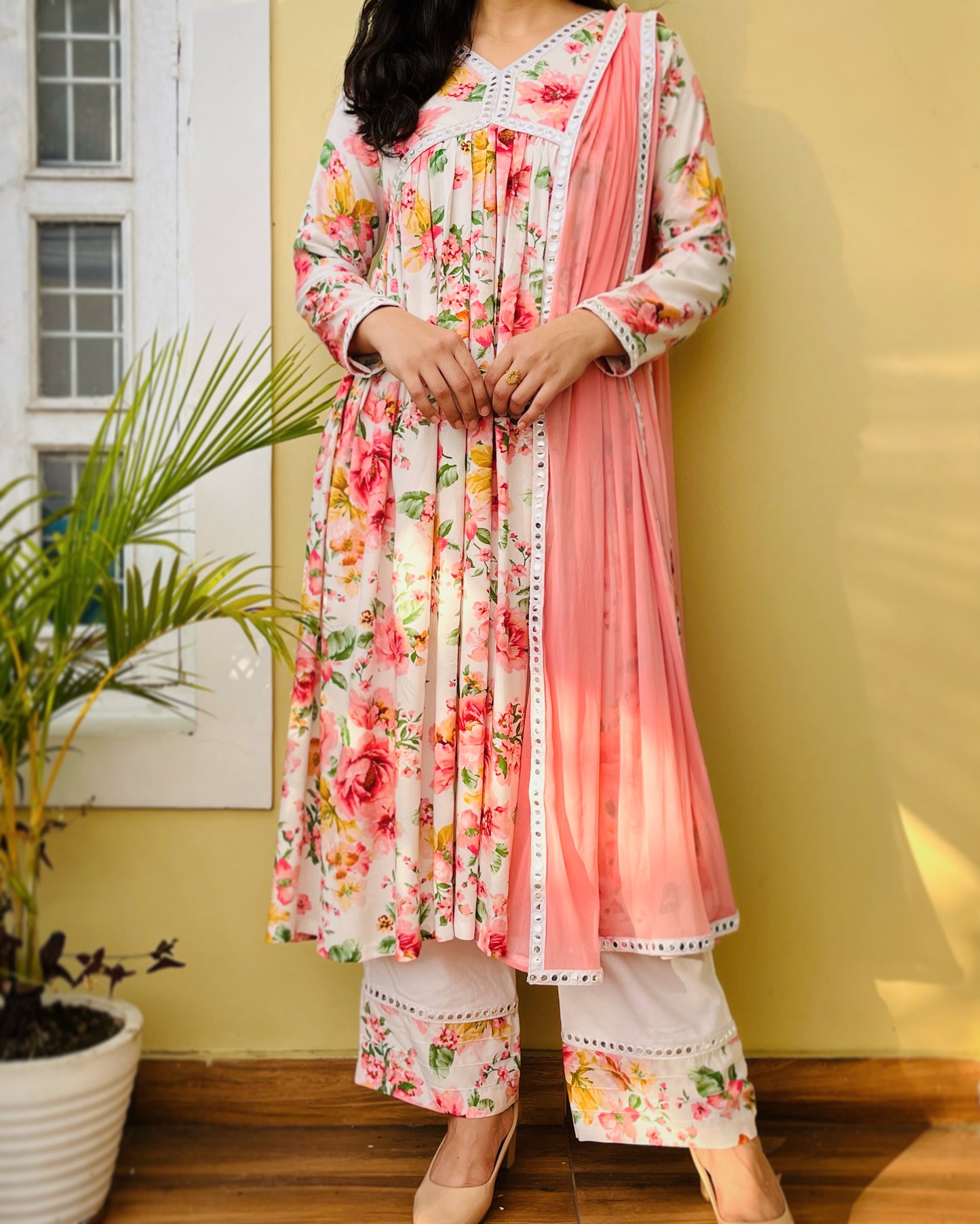 Peach Floral Alia Cut Suit Set