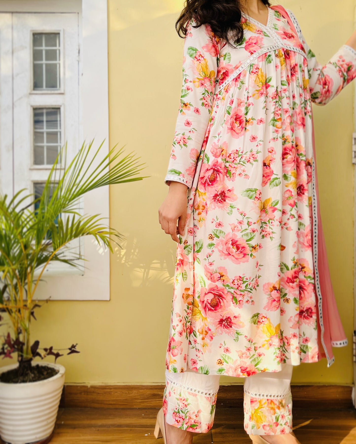 Peach Floral Alia Cut Suit Set