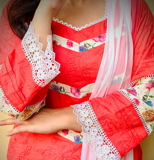 Peach Floral Chikan Suit Set