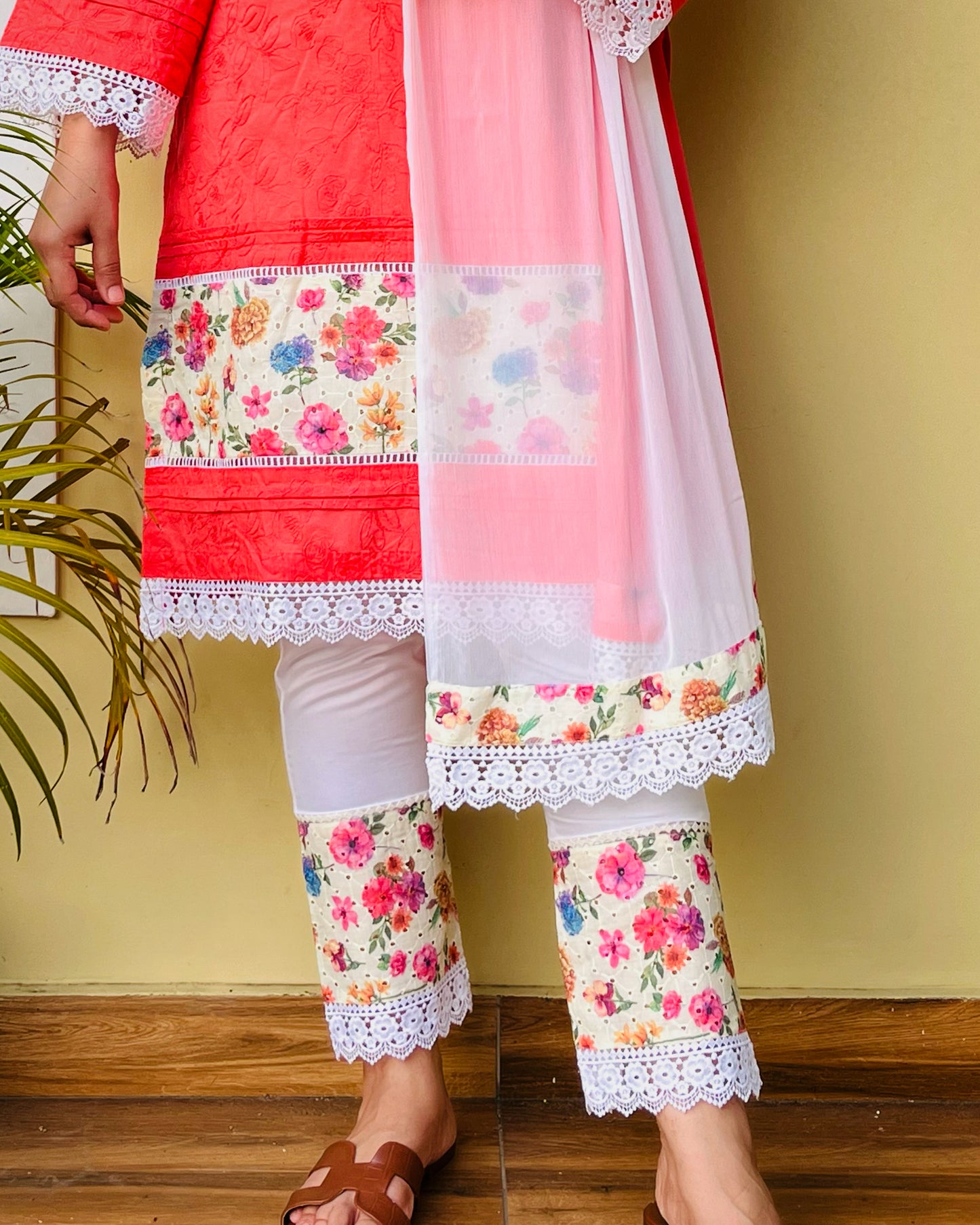Peach Floral Chikan Suit Set