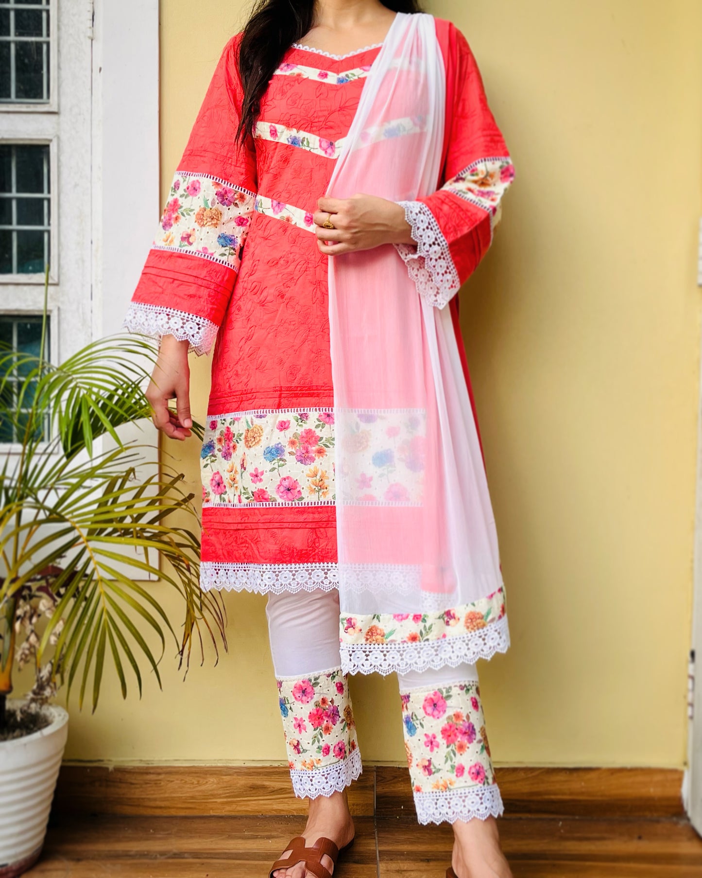 Peach Floral Chikan Suit Set