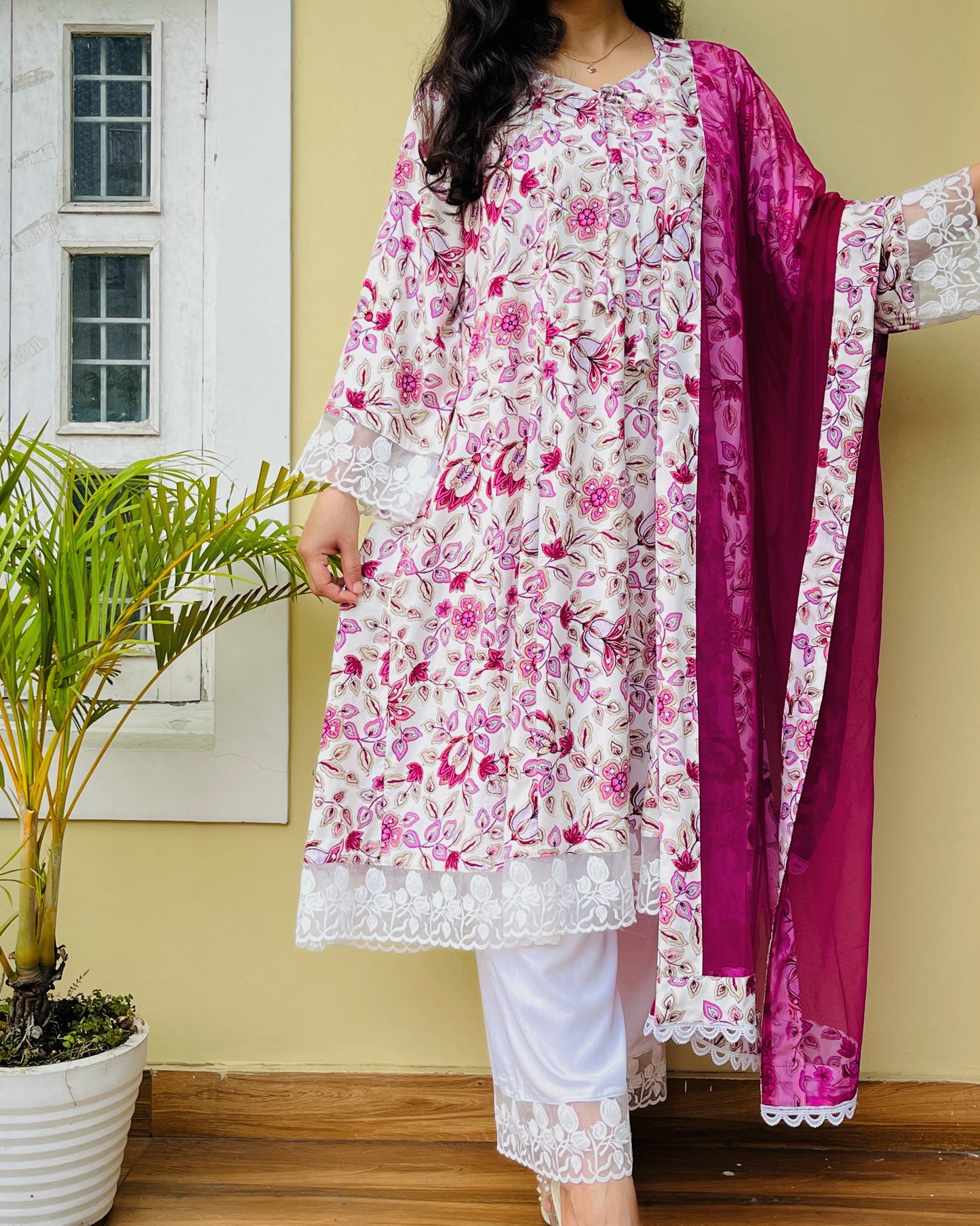 Pink White Anarkali Suit Set