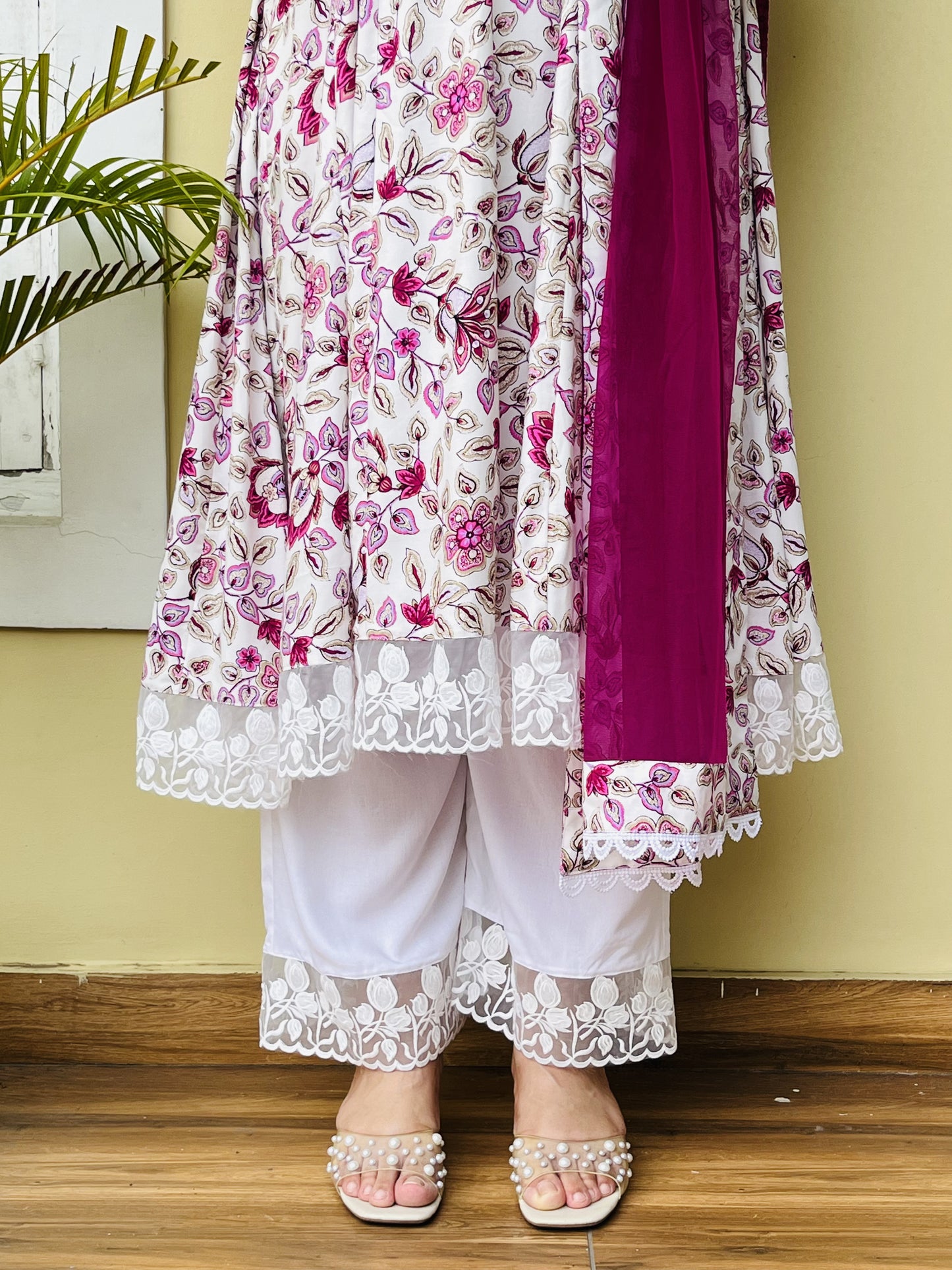 Pink White Anarkali Suit Set