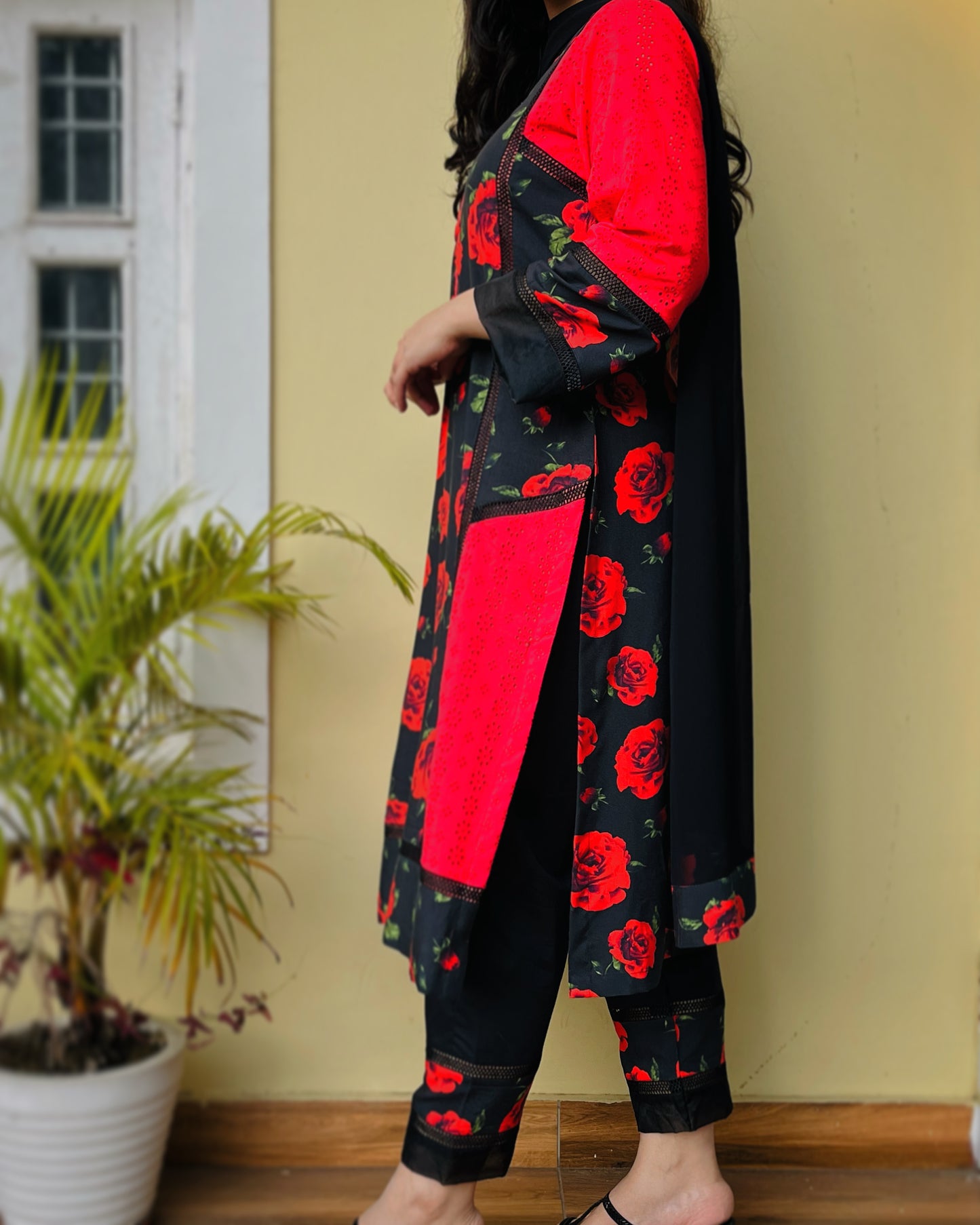 Red & Black Rose Print Chikan Suit Set