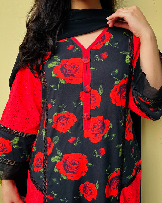 Red & Black Rose Print Chikan Suit Set