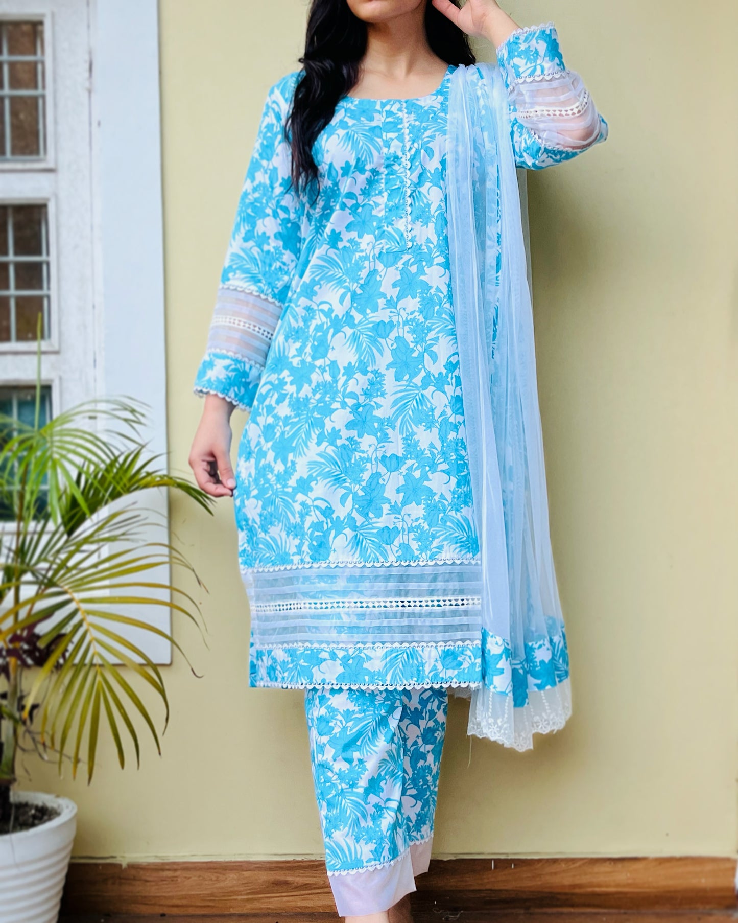 Ice Blue & White Floral Suit Set