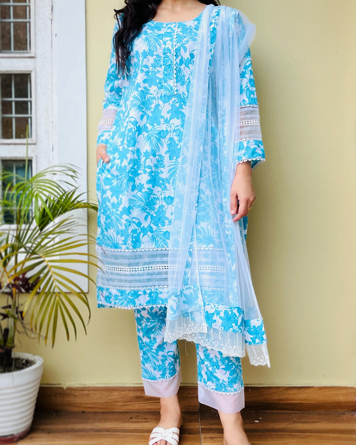 Ice Blue & White Floral Suit Set