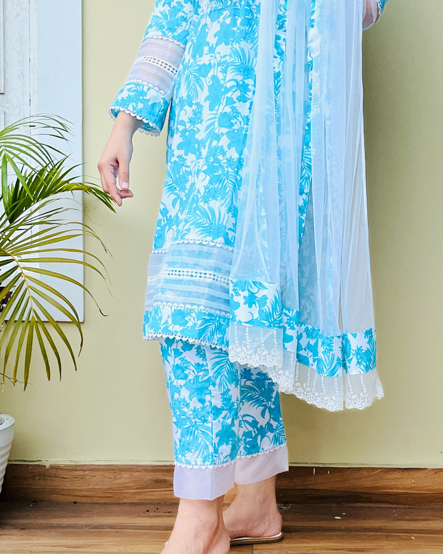 Ice Blue & White Floral Suit Set