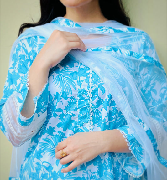 Ice Blue & White Floral Suit Set