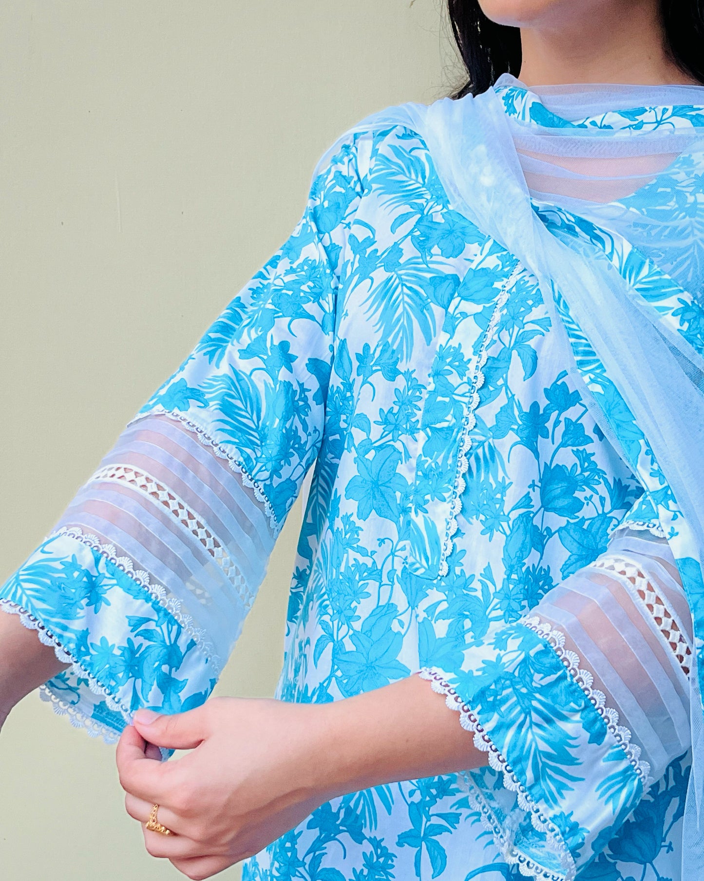 Ice Blue & White Floral Suit Set