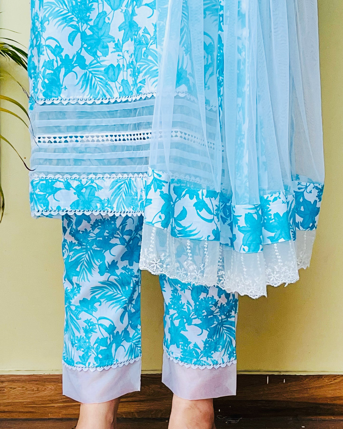 Ice Blue & White Floral Suit Set