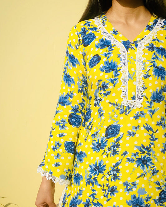 Yellow Blue Floral Long Kurta with Pants