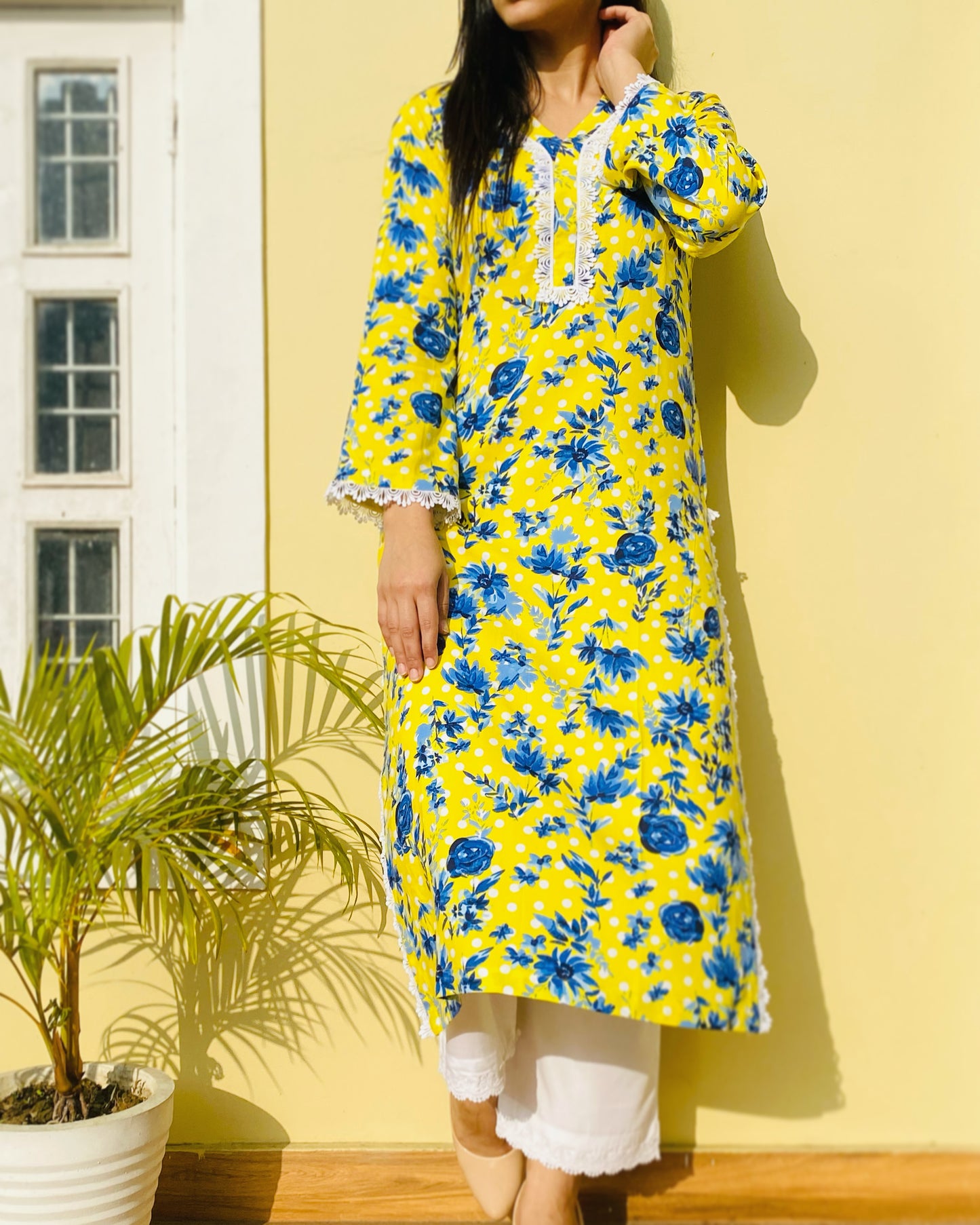 Yellow Blue Floral Long Kurta with Pants