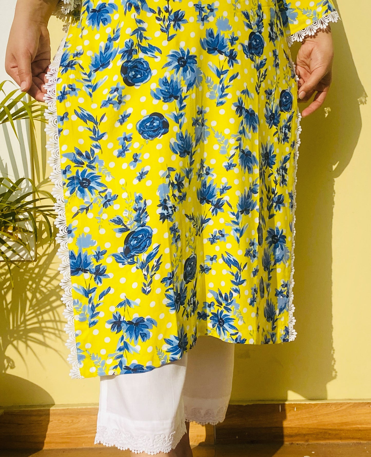 Yellow Blue Floral Long Kurta with Pants