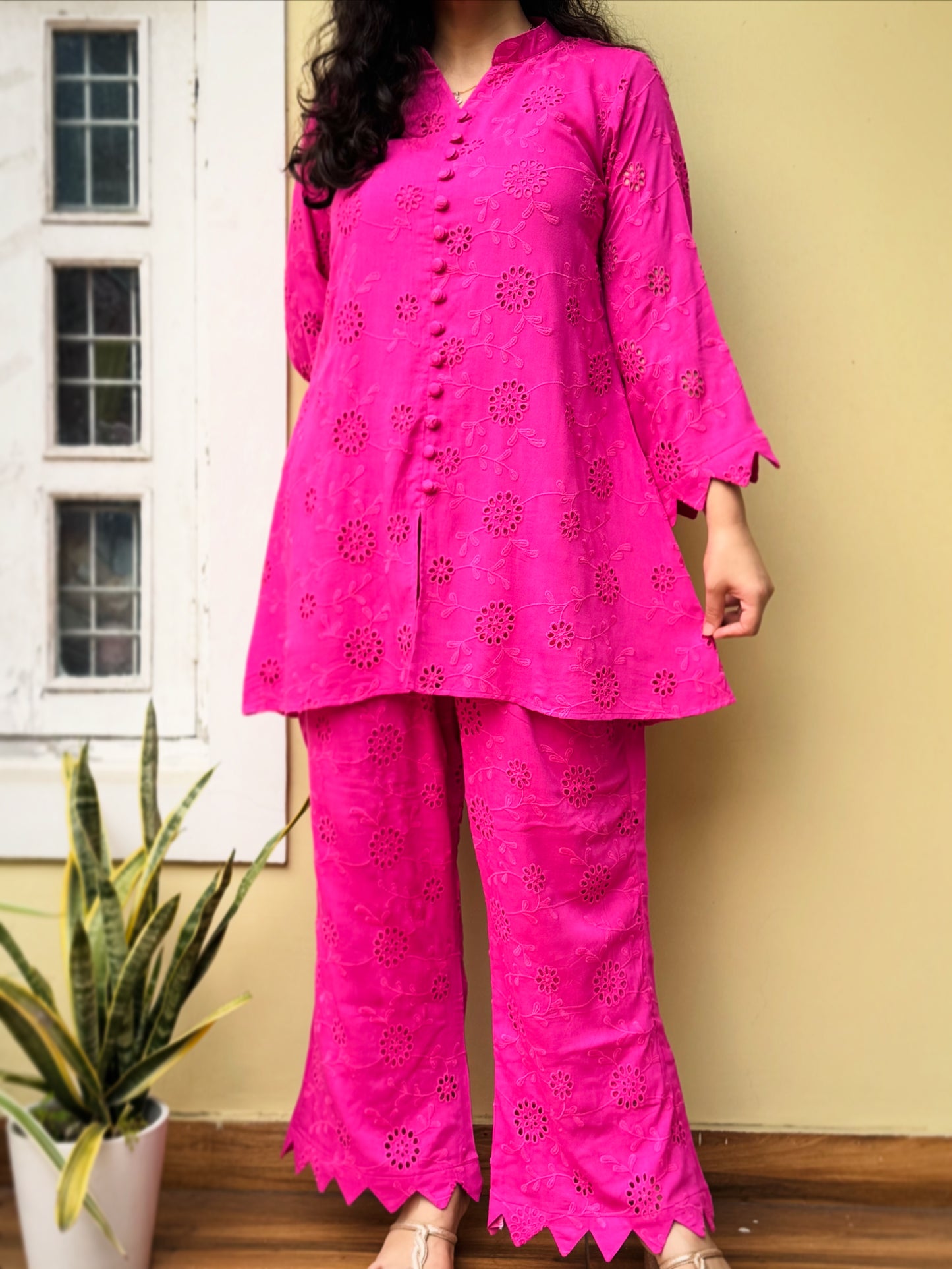Hot Pink chikan Coord Set