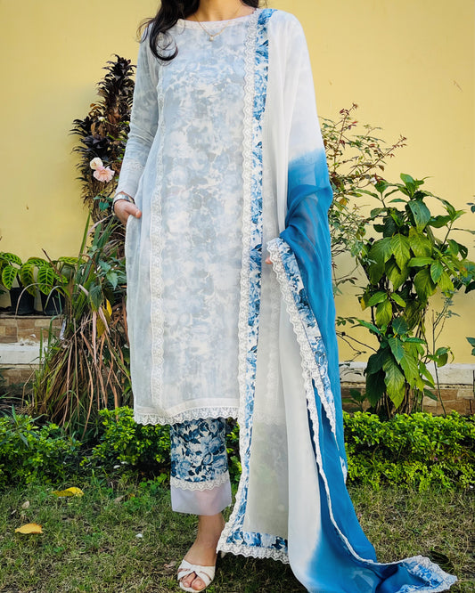 Blue Foral Double Kurta Dress