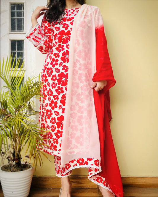 Red Floral Cotton Suit Set