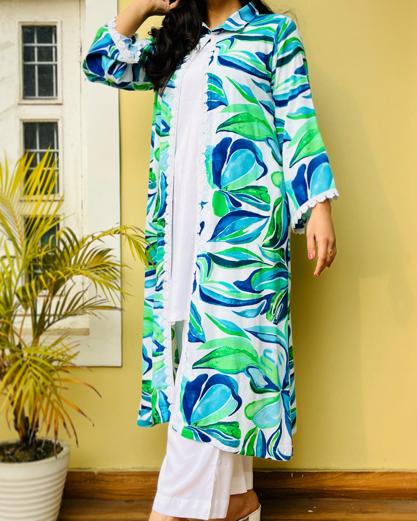 Blue Tropical Print 3 Piece Shrug Dress