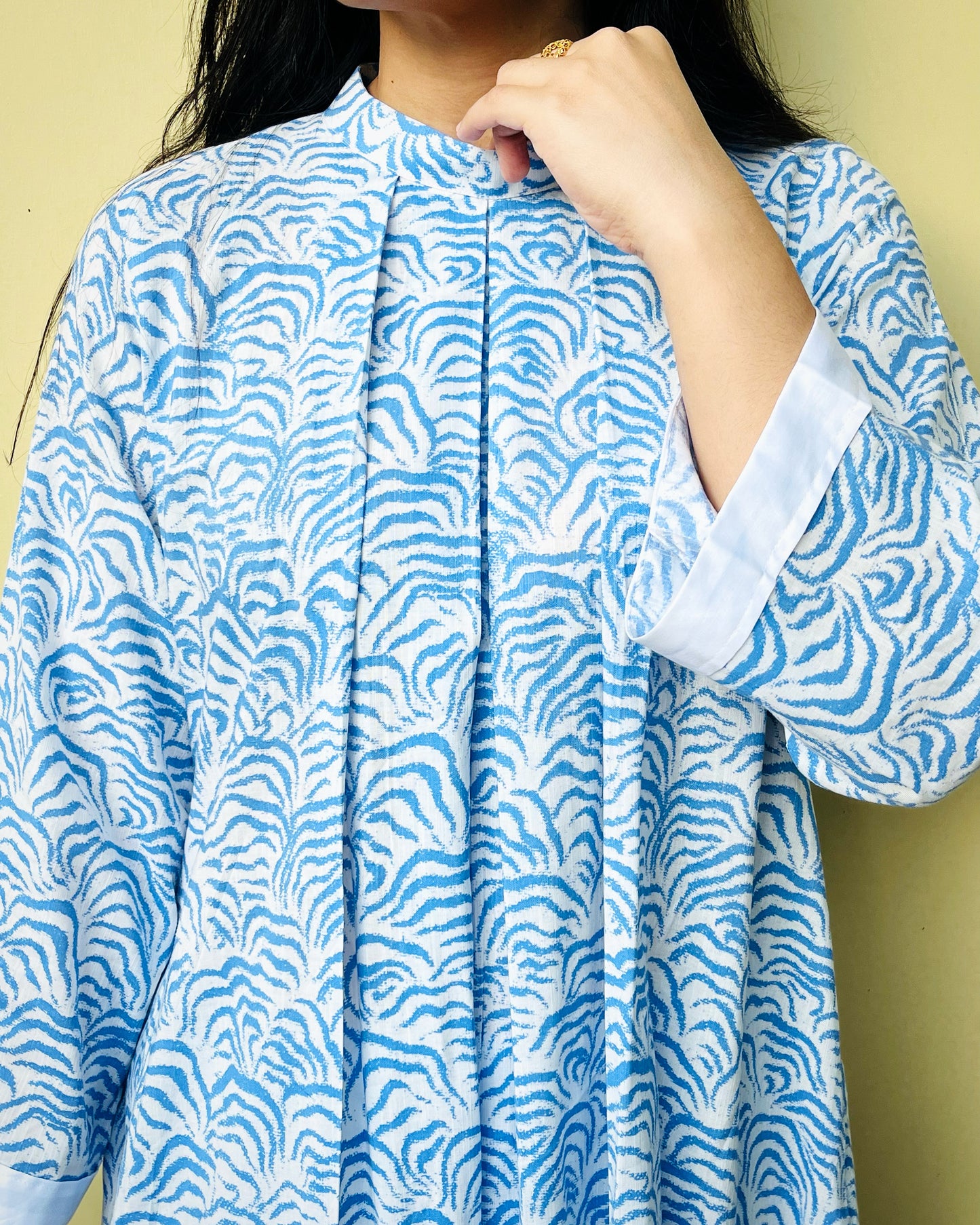 Blue White Print Pleated Coord Set