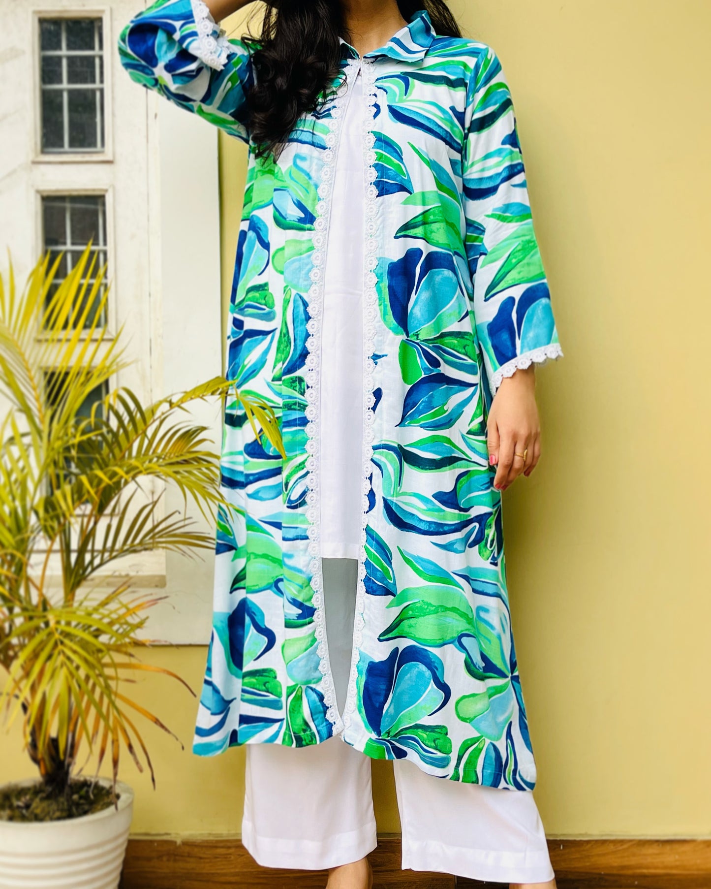 Blue Tropical Print 3 Piece Shrug Dress