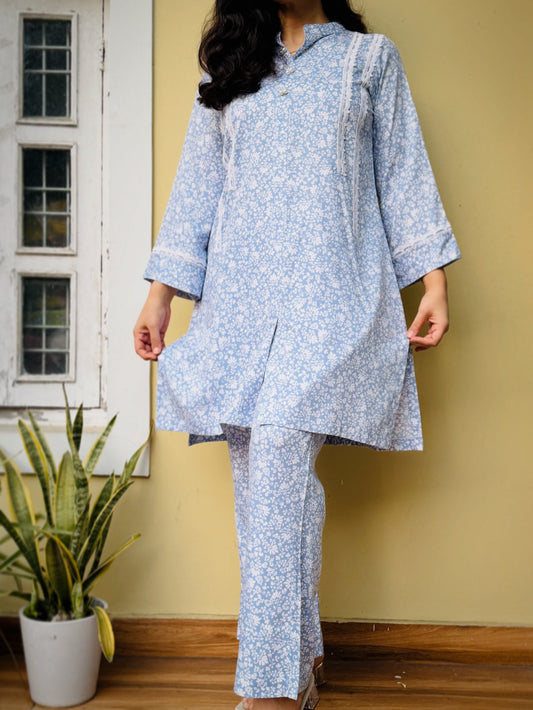 Blue lace twill fabric coord set