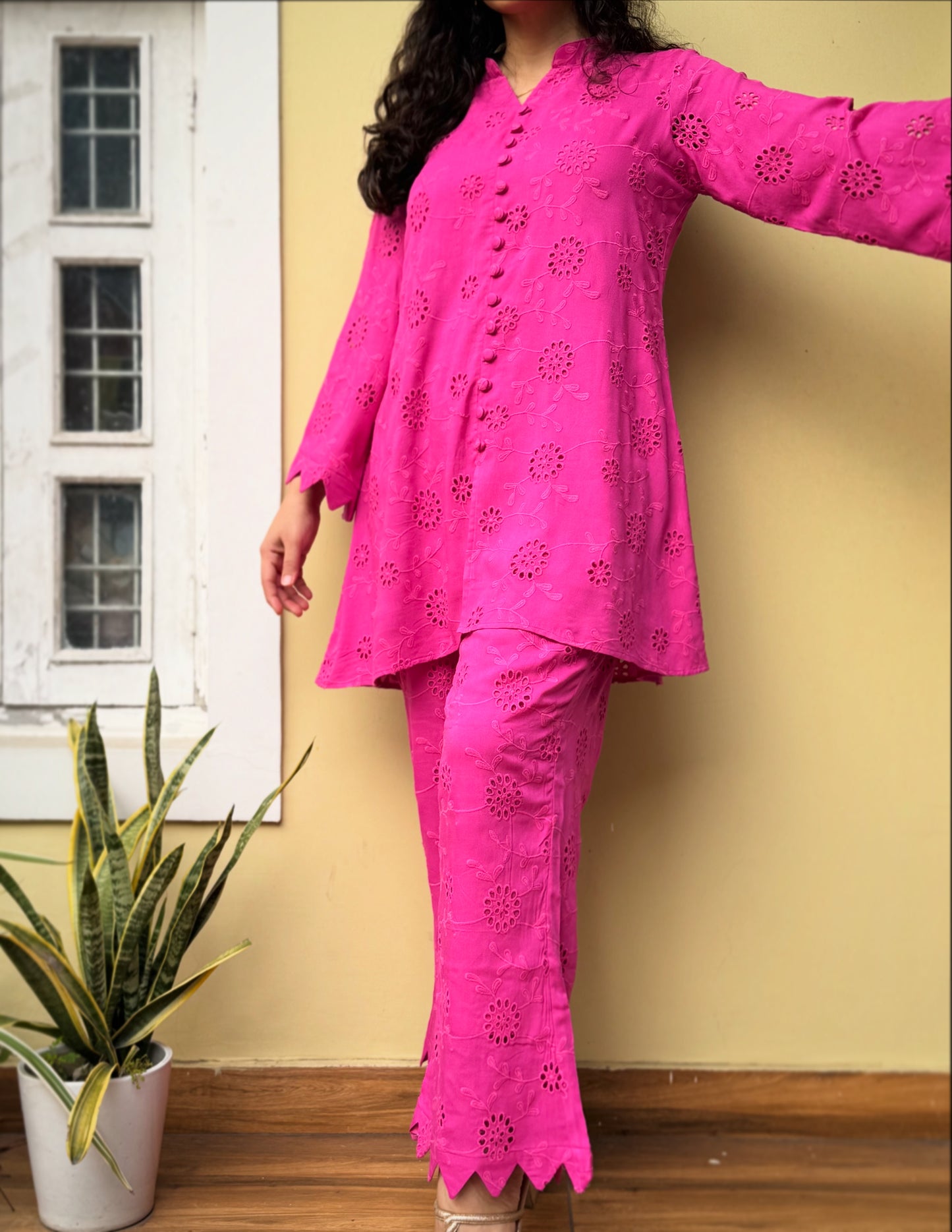 Hot Pink chikan Coord Set