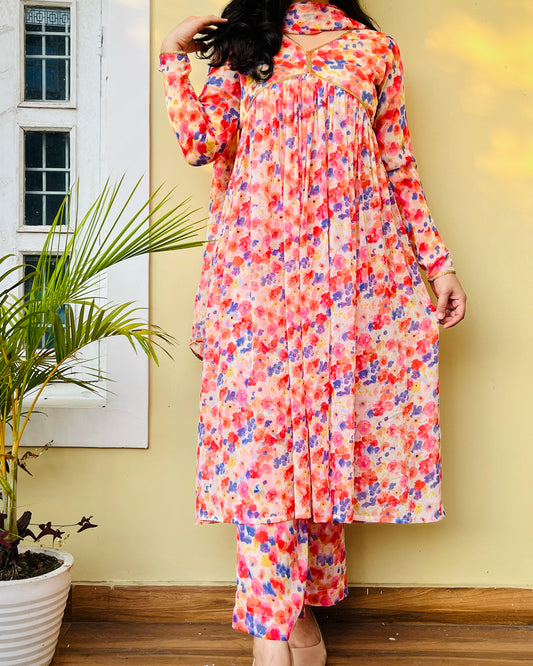 Floral Chiffon Alia Cut Suit Set