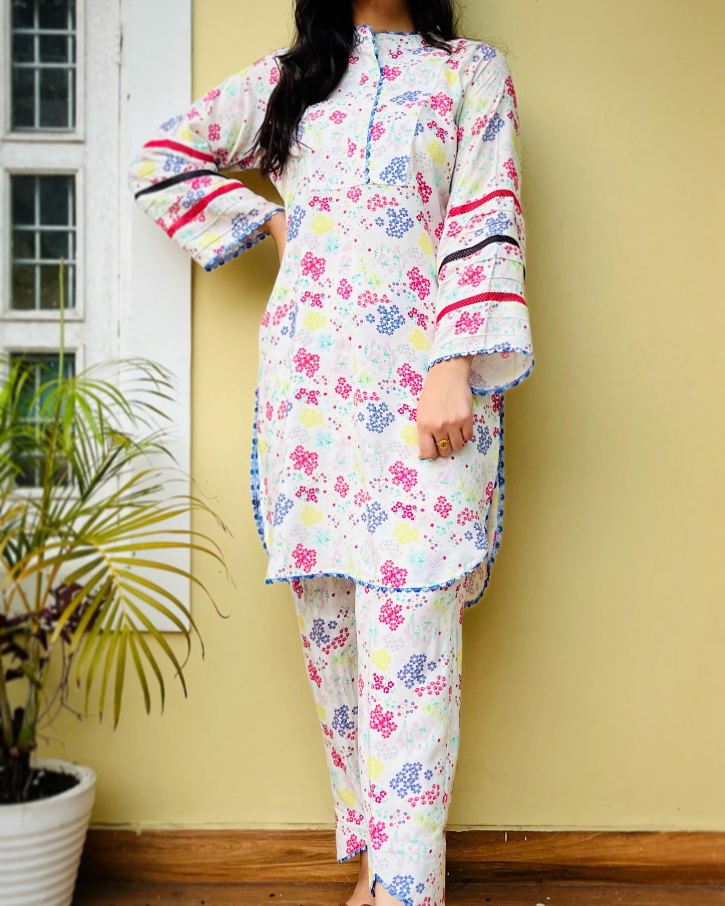 Floral White Printed Pathani Style Coord Set